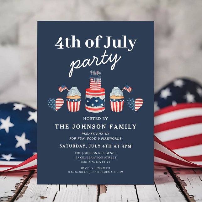 Invitation Jolie fête du 4 juillet rouge, blanc et bleu (Cute Red White And Blue 4th Of July Party Invitation)