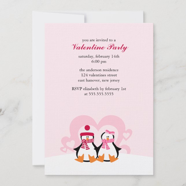 Invitation Jolie fête du Jour des Valentines de Penguin Coupl (Devant)