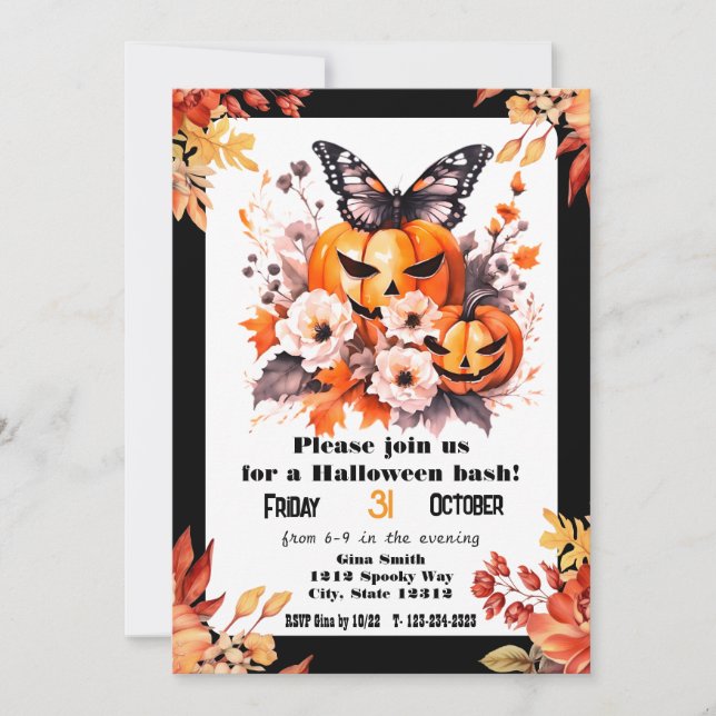 Invitation Jolie fête florale d'Halloween avec citrouille Bas (Devant)