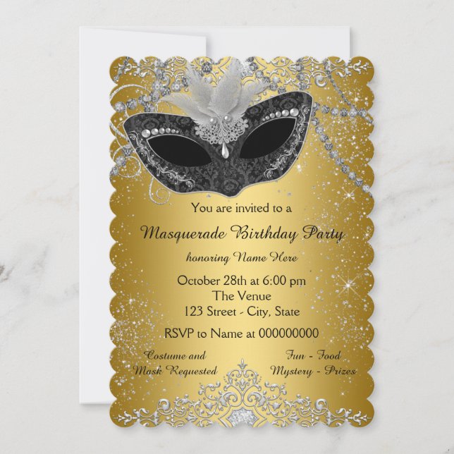 Invitation Jolie fête masquée noire et or (Devant)