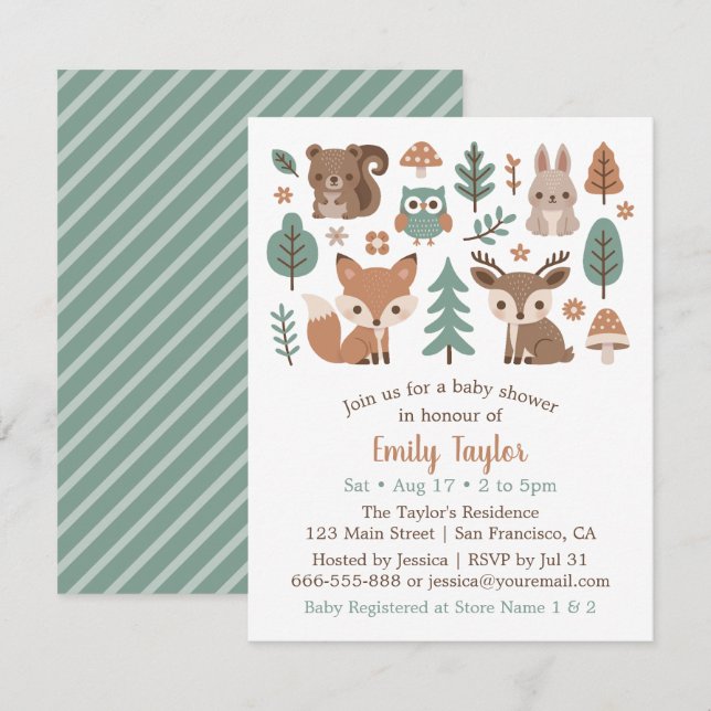 Invitation Jolie Fête Prénatale Animaux des Forêts Rustiques (Devant / Derrière)