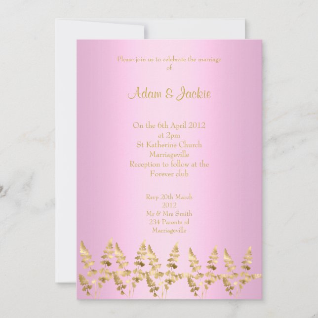 Invitation Jolie feuille d'or rose ELEGANT CLASSY MARIAGE (Devant)