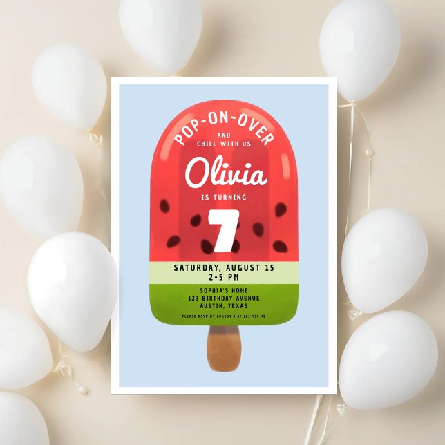 Invitation Jolie fille à la sucette de melon pour ses sept an (Cute Melon Popsicle Girl Seven Birthday Invitation)
