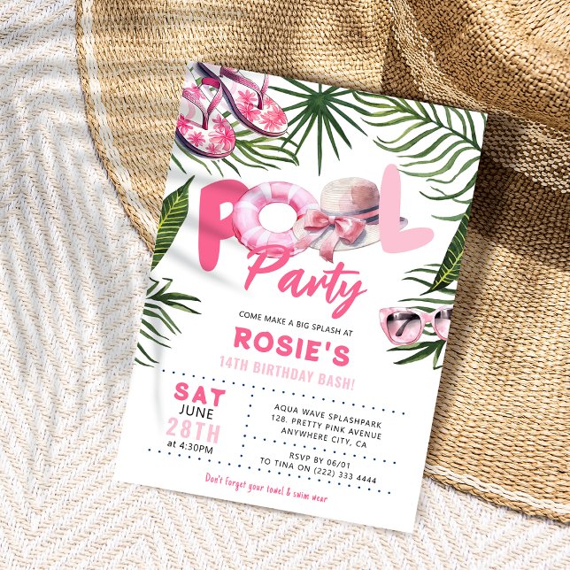 Invitation Jolie Fille Anniversaire Fête Piscine Rose  (Créateur téléchargé)