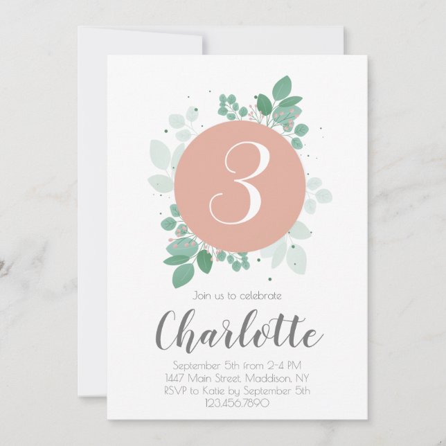 Invitation Jolie fille Anniversaire fleuri (Devant)