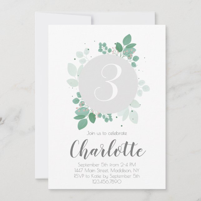 Invitation Jolie fille Anniversaire fleuri (Devant)