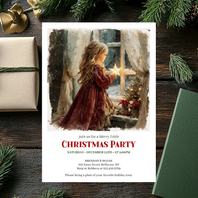 Invitation Jolie fille attend le Père Noël Noël éditable (Charming girl awaits Santa editable Christmas invite)