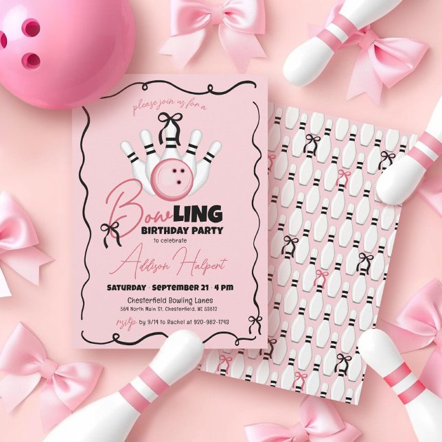 Invitation Jolie Fille au Bowling RUBANS Rose Fête d'annivers (Cute pink girly girl funny BOWling ball, pins, black bows hand drawn frame birthday party invite )