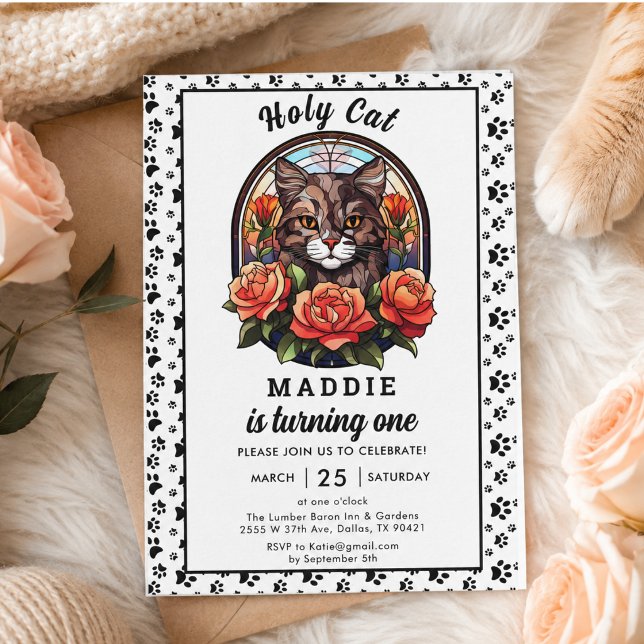 Invitation Jolie Fille au Chat Premier Anniversaire (Cute Cat Girl First Birthday Invitation)