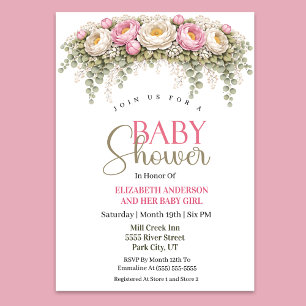 Invitation Jolie Fille au Pivoine Rose et Blanc Baby Shower