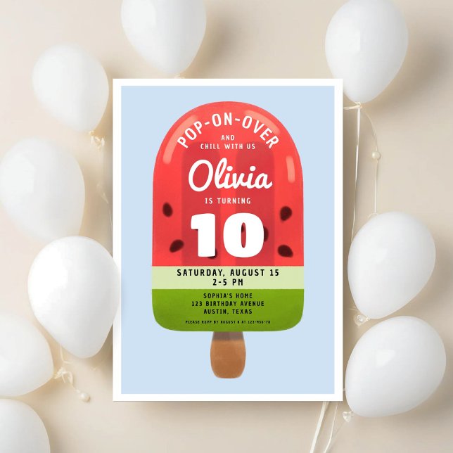 Invitation Jolie Fille au Popsicle de Melon Dixième Anniversa (Cute Melon Popsicle Girl Tenth Birthday Invitation)