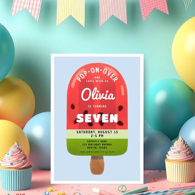 Invitation Jolie fille au popsicle de melon pour son 7ème ann (Cute Melon Popsicle Girl 7th Birthday Invitation)