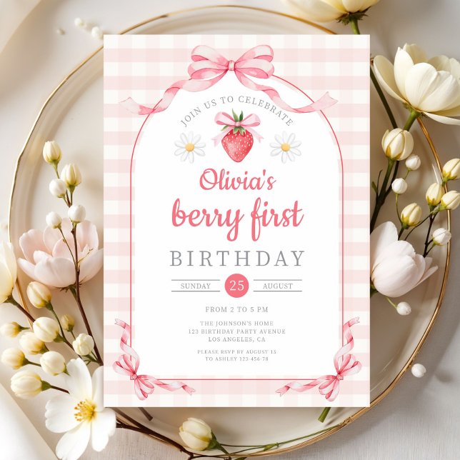 Invitation Jolie Fille aux Baies 1er Anniversaire (Cute Berry First Girl 1st Birthday Invitation)