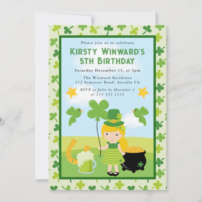 Invitation Jolie fille aux cheveux blonds St Patrick's Annive (Devant)