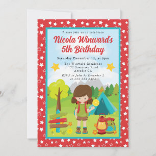 Invitation Jolie fille aux cheveux bruns camping Anniversaire