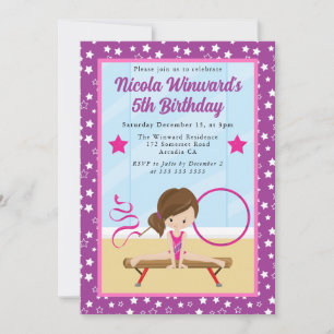 Invitation Jolie fille aux cheveux bruns Gymnaste Anniversai