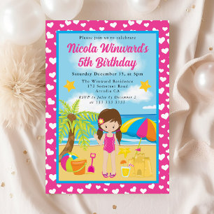 Invitation Jolie Fille aux Cheveux Bruns Plage Enfants Annive