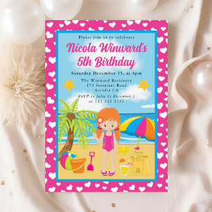 Invitation Jolie Fille aux Cheveux Rouges Plage Enfants Anniv