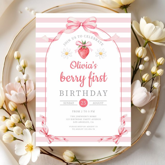 Invitation Jolie Fille aux Fruits Rouges 1er Anniversaire (Cute Berry First Girl 1st Birthday Invitation)