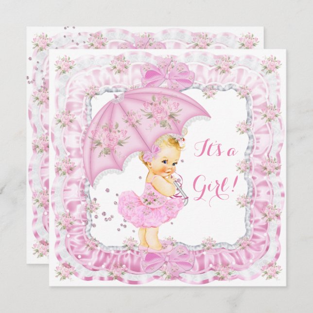 Invitation Jolie fille Baby shower Floral rose Blonde (Devant / Derrière)