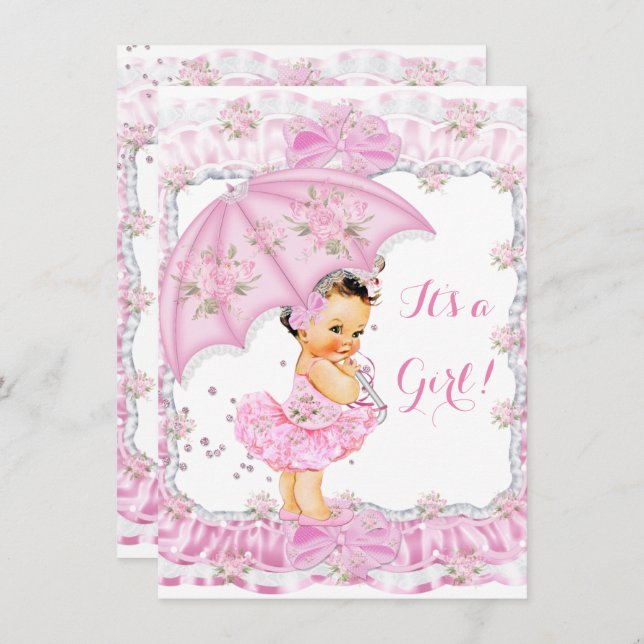 Invitation Jolie fille Baby shower Floral rose Brunette (Devant / Derrière)
