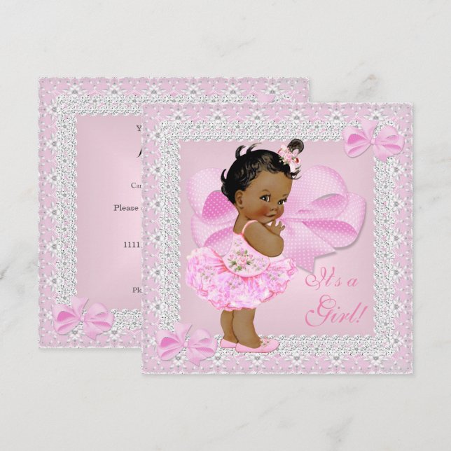 Invitation Jolie fille Baby shower jolie rose Tutu ethnie (Devant / Derrière)