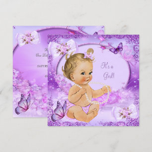 Invitation Jolie fille Baby shower papillon pourpre Blonde