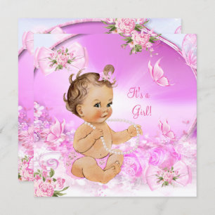 Invitation Jolie fille Baby shower papillon rose Brunette LT