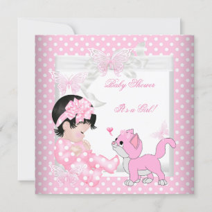Invitation Jolie fille Baby shower rose chat Kitten 3CC