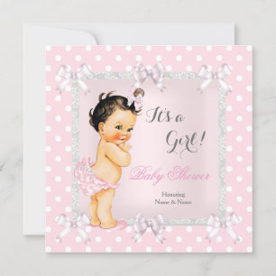 Invitation Jolie fille Baby shower rose Gris Brunette