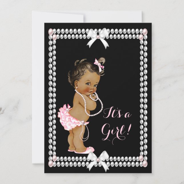Invitation Jolie fille Baby shower rose perles Noir Ethnique (Devant)