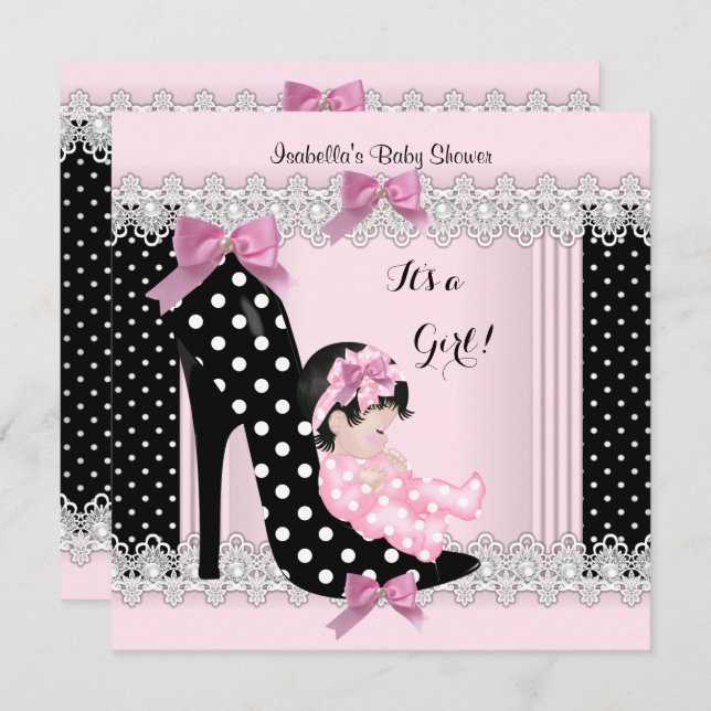 Invitation Jolie fille Baby shower rose Pois haut talon 6a (Devant / Derrière)