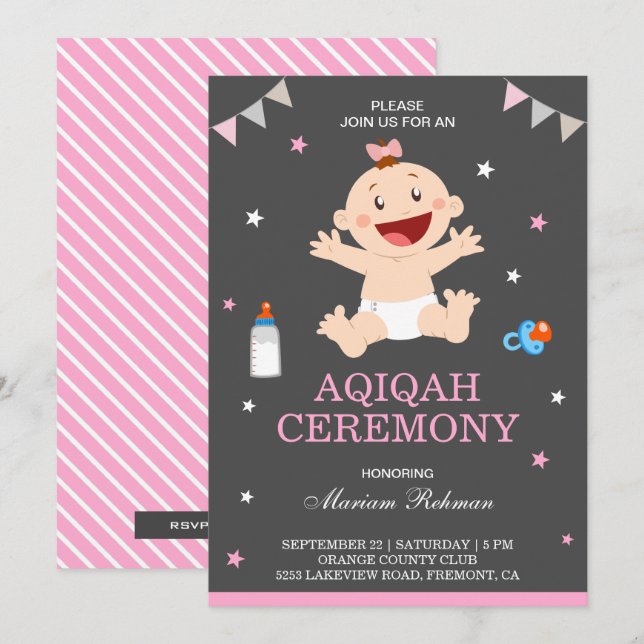 Invitation Jolie Fille Bébé Heureuse Aqiqah Rose (Devant / Derrière)