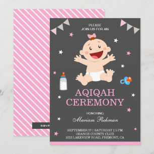 Invitation Jolie Fille Bébé Heureuse Aqiqah Rose