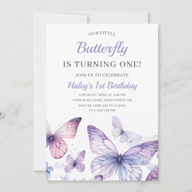 Invitation Jolie Fille Bébé Papillon Violet Enfants 1er Anniv (Devant)