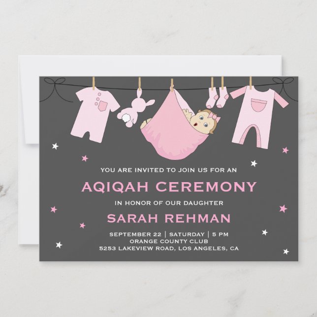 Invitation Jolie Fille Bébé Rose Aqiqah (Devant)