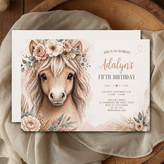 Invitation Jolie Fille Boho Cheval Cinquième Anniversaire (Créateur téléchargé)