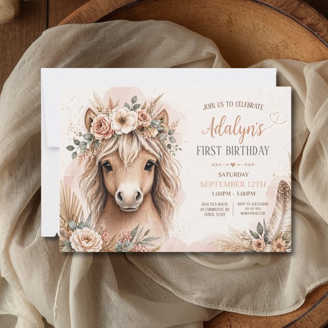 Invitation Jolie Fille Boho Cheval Premier Anniversaire (Créateur téléchargé)