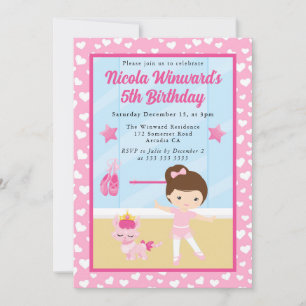 Invitation Jolie fille brune ballerine anniversaire enfants 