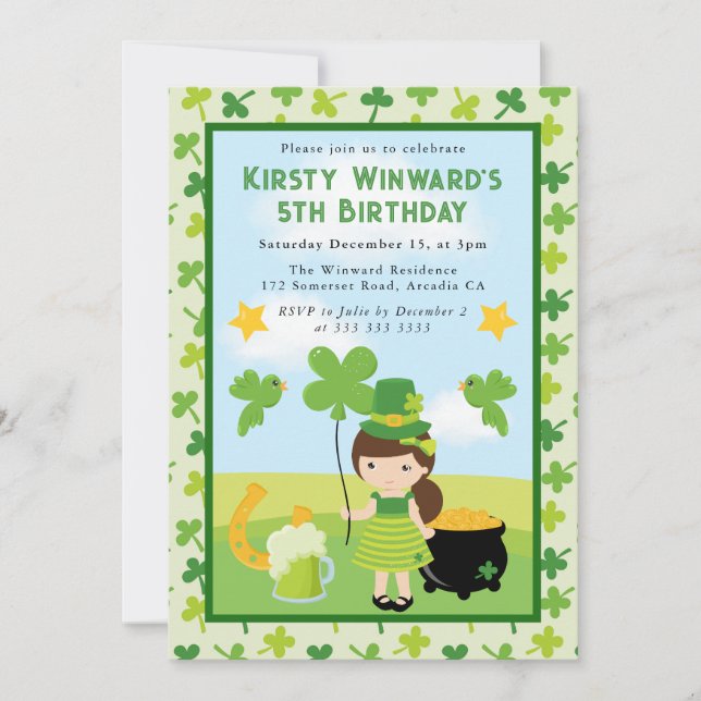 Invitation Jolie fille brune St Patrick enfants anniversaire  (Devant)