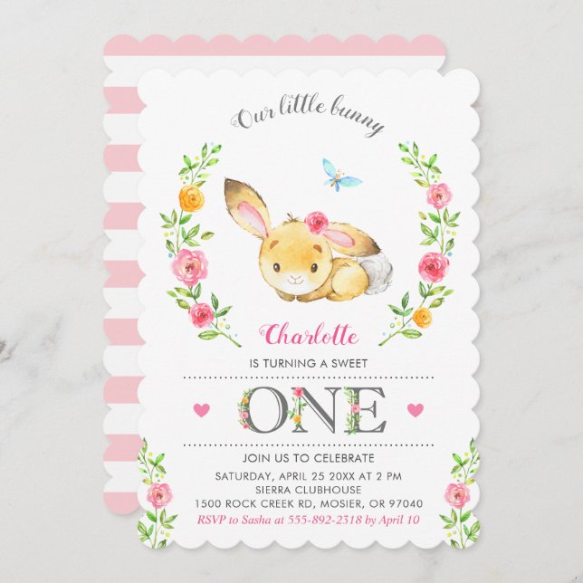 Invitation Jolie Fille Bunny Florale 1ère fête d'anniversaire (Devant / Derrière)