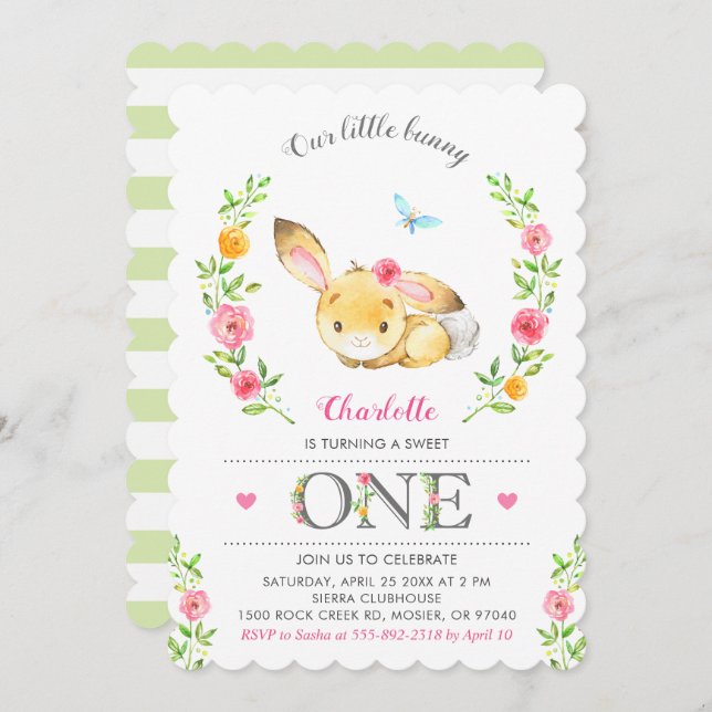 Invitation Jolie Fille Bunny Florale 1ère fête d'anniversaire (Devant / Derrière)