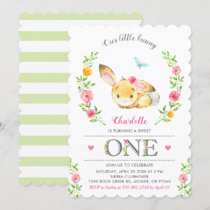 Invitation Jolie Fille Bunny Florale 1ère fête d'anniversaire