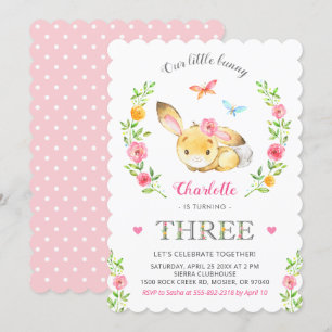 Invitation Jolie Fille Bunny Florale 3ème fête d'anniversaire