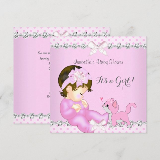 Invitation Jolie Fille Cadeau Baby Shower Rose Kitten Points  (Devant / Derrière)