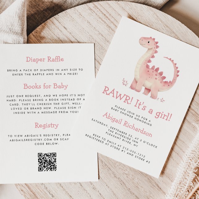 Invitation Jolie Fille Code QR Dinosaure Rose Bébé Shower (Créateur téléchargé)