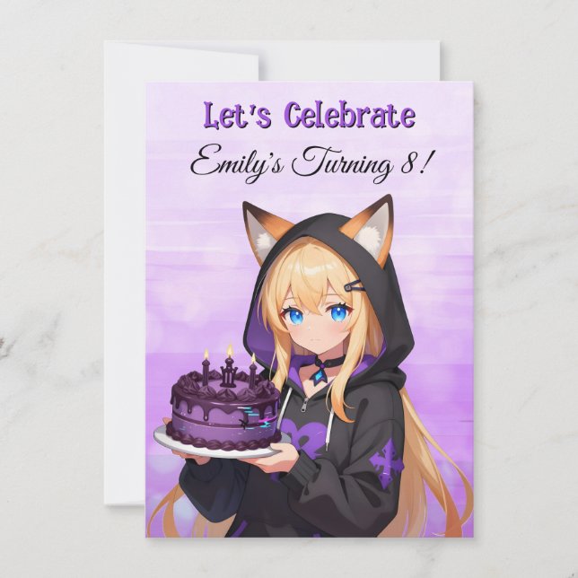 Invitation Jolie Fille d'Anime et Fête d'Anniversaire de Fill (Devant)