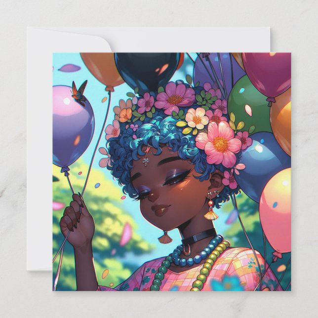 Invitation Jolie fille d'Anime noire avec anniversaire (Devant)