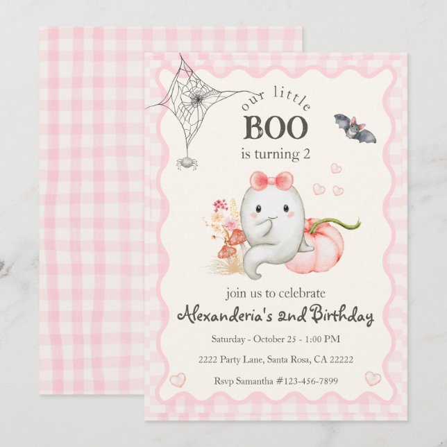 Invitation Jolie fille d'anniversaire Ghost Party Rose (Devant / Derrière)