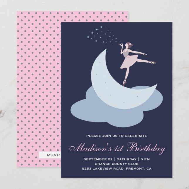 Invitation Jolie fille de ballet rose pour une fête d'anniver (Devant / Derrière)